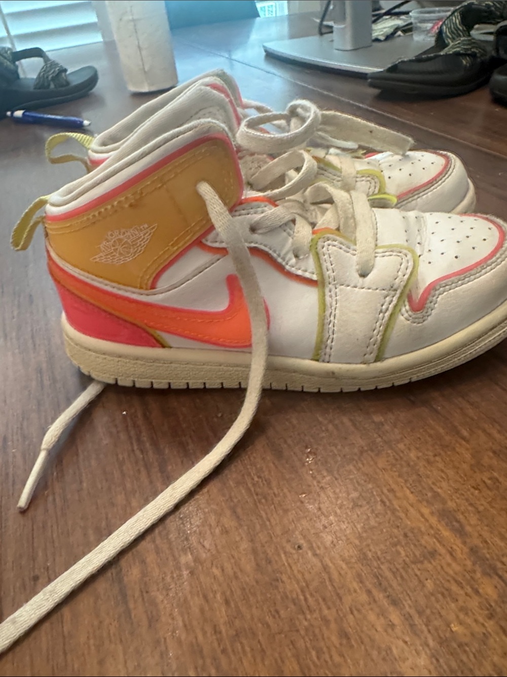 Nike Kids High-Top Sneakers in White with Pink, Orange & Yellow Accents